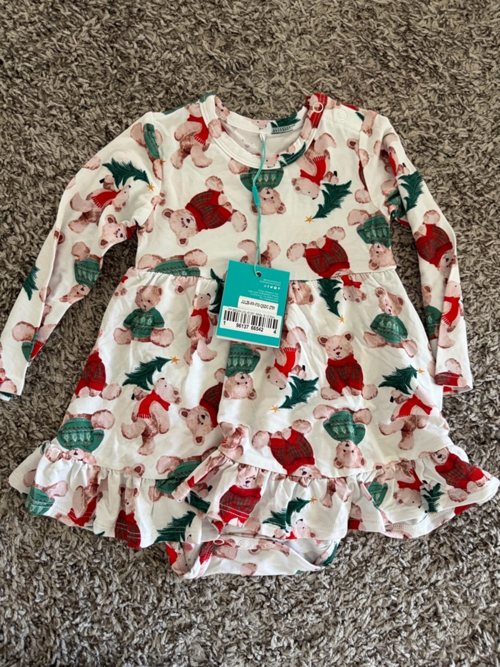 Posh Peanut White Baby Dress with Teddy Bear & Red Green Accents
